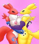  anthro big_breasts big_butt blue_eyes blush breast_squish breasts breasts_frottage butt butt_grab canid canine chest_tuft claws clothed clothing curvy_figure dgfox digimon digimon_(species) digital_media_(artwork) duo female female/female fur hand_on_butt hi_res looking_at_another mammal multicolored_body nipples nude purple_eyes red_body red_fur renamon simple_background smile squish thick_thighs tuft yellow_body yellow_fur 