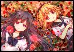  2girls bangs black_border black_hair black_headband blonde_hair blue_neckwear blue_ribbon border brick commentary dot_nose furude_rika headband higurashi_no_naku_koro_ni houjou_satoko long_hair looking_at_viewer lying multiple_girls neck_ribbon neckerchief on_back paper_texture petals pleated_skirt purple_eyes red_eyes ribbon sailor_collar sailor_shirt school_uniform serafuku shirt short_hair short_sleeves skirt tsukishio_kanoka upper_body white_shirt 