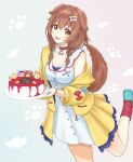  1girl :3 :d absurdres animal_collar animal_ears bangs birthday_cake blue_footwear bone_hair_ornament bracelet braid breasts brown_eyes brown_hair buttons cake cleavage collar dog_ears dog_girl dog_tail dress fangs food hair_between_eyes hair_ornament hairclip highres holding holding_cake holding_food hololive inugami_korone jacket jewelry jiu_fanglianhua leg_up listener_(inugami_korone) long_hair looking_at_viewer loose_socks low_twin_braids low_twintails medium_breasts nekomata_okayu off_shoulder open_mouth red_collar red_legwear severed_finger shoes short_dress smile sneakers socks solo tail twin_braids twintails upper_teeth virtual_youtuber white_dress yellow_jacket 