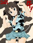  1girl 2021 animal_ears animal_print aoshidan_school_uniform belt black_belt black_hair blue_eyes blue_shirt blue_skirt breasts chinese_zodiac cleavage collared_shirt commentary_request cow_ears cow_print cowboy_shot dark_skin dark_skinned_female el_(girls_und_panzer) emblem eyebrows_visible_through_hair girls_und_panzer grin hair_intakes head_tilt large_breasts long_hair looking_at_viewer miniskirt new_year panties pantyshot partially_unbuttoned print_panties print_shirt school_uniform shirt short_sleeves skirt skirt_lift smile solo spanish_flag standing suspender_skirt suspenders takanaga_kouhei underwear white_panties wind wind_lift year_of_the_ox 