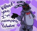  2015 animatronic anthro blue_body blue_fur bow_tie button_(fastener) dialogue english_text five_nights_at_freddy&#039;s five_nights_at_freddy&#039;s_2 fur holidays lagomorph leporid looking_at_viewer machine male mammal otackoon rabbit raised_arm red_eyes robot scut_tail solo talking_to_viewer text valentine&#039;s_day valentines_day_card video_games wire withered_bonnie_(fnaf) 
