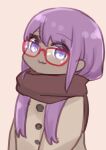  1girl :3 alternate_hair_length alternate_hairstyle bespectacled brown_background brown_jacket brown_scarf closed_mouth dark_skin dark_skinned_female fate/prototype fate/prototype:_fragments_of_blue_and_silver fate_(series) glasses hassan_of_serenity_(fate) highres i.u.y jacket long_hair looking_at_viewer purple_eyes purple_hair red-framed_eyewear scarf simple_background solo upper_body 