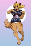  anthro bottomless clothed clothing featureless_crotch female gesture hair hi_res hyaenid mammal pointing pointing_at_self politics shirt simple_background solo takiminada topwear trans_(lore) 