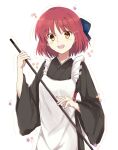  1girl :d apron bangs black_kimono blue_bow blush bow brown_eyes eyebrows_visible_through_hair hair_between_eyes hair_bow highres japanese_clothes kimono kohaku_(tsukihime) looking_at_viewer open_mouth red_hair shiny shiny_hair short_hair sketch smile solo standing toutou_(fufu0o) tsukihime white_apron white_background 