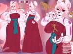  absurd_res anthro breasts butt canid canine claws english_text fangs female fluffy fluffy_tail fur hair hi_res mammal open_mouth open_smile pink_body pink_fur pink_hair purple_body purple_fur red_eyes smile teeth text vixie00 white_body white_fur 