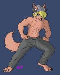 anthro artfight beanie blonde_hair bottomwear clothing friendly_fire grey_beanie grey_clothing grey_hat grey_headwear hair hat headgear headwear hi_res lukewolf001 male muscular muscular_anthro muscular_male pants shirtless_anthro shirtless_male solo sweatpants tan_body tan_skin