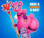  2021 acstlu anthro anus big_butt breasts butt cuddle_team_leader english_text epic_games female fortnite fur genitals hi_res huge_butt looking_at_viewer looking_back mammal open_mouth pink_body pink_fur purple_eyes pussy solo text tongue tongue_out ursid video_games 
