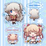  2girls ;d ^_^ arm_behind_back asahina_yori black_socks blonde_hair blue_background blue_eyes blush bow bowtie brown_skirt cake cake_slice camera candy character_badge character_name charlotte_(anime) chibi chibi_only closed_eyes commentary_request company_connection facing_viewer food from_behind full_body grey_hair grey_skirt grin hair_between_eyes hair_ornament hair_ribbon hand_up heart holding holding_camera holding_candy holding_food holding_lollipop hoshinoumi_academy_school_uniform kamikita_komari key_(company) kneehighs little_busters! little_busters!_school_uniform lollipop long_hair long_ribbon looking_at_viewer lowres medium_hair miniskirt multiple_girls multiple_views one_eye_closed open_mouth plaid_clothes plaid_skirt pleated_skirt red_ribbon red_shirt ribbon sailor_collar school_uniform serafuku shirt simple_background sitting skirt smile socks standing star_(symbol) star_hair_ornament sweater sweets tomori_nao two_side_up very_long_hair wariza white_sailor_collar yellow_bow yellow_bowtie yellow_sweater 