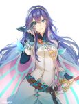  1girl artist_name blue_eyes blue_gloves blue_hair closed_mouth fairy_wings falchion_(fire_emblem) fingerless_gloves fire_emblem fire_emblem_awakening fire_emblem_heroes gloves highres holding holding_mask holding_sword holding_weapon long_hair lucina_(fire_emblem) mask moja_(moquackja) simple_background solo sword tiara weapon white_background wings 
