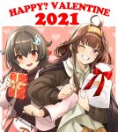  2021 2girls ahoge bag black_hair box brown_hair clenched_hand coat cowboy_shot double_bun gift gift_bag gift_box grin hair_flaps hair_ornament hairband hairclip happy_valentine holding holding_bag holding_gift jacket jingei_(kancolle) kantai_collection kongou_(kancolle) long_hair low_ponytail multiple_girls one_eye_closed purple_eyes red_eyes ribbon scarf smile sweat sweatdrop trembling valentine watanore winter_clothes winter_coat 