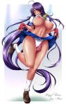  1girl ahoge blush breasts cameltoe earrings fingerless_gloves gloves highres ikkitousen jewelry kan&#039;u_unchou kimura_naoki large_breasts long_hair looking_at_viewer navel nipples panties purple_hair red_gloves shiny shiny_skin skirt solo toned underwear white_legwear white_panties 