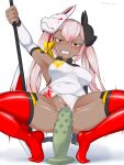  1girl absurdres axe blade_ride clenched_teeth dark_skin dark_skinned_female dildo dildo_riding fire_emblem fire_emblem_heroes highres holding holding_axe laevatein_(fire_emblem) long_hair mask mask_on_head masturbation ninja pink_hair red_eyes red_legwear sex_toy solo spread_legs squatting teeth thighhighs twintails twitter_username 