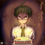  1boy :o ahoge androgynous arms_at_sides bangs birthday birthday_cake brown_hair cake candle collared_shirt commentary_request cross_neko danganronpa_(series) danganronpa_2:_goodbye_despair dated english_text food fruit gradient gradient_background happy_birthday hinata_hajime looking_at_viewer male_focus necktie open_mouth shirt short_hair short_sleeves solo strawberry upper_body white_shirt 