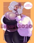  2020 anthro big_breasts blush breast_squish breasts brown_body brown_fur choker cleavage clothed clothing dialogue distracting_watermark ear_piercing ear_ring english_text eyewear ezukapizumu female fur gesture glasses grey_hair hair hi_res huge_breasts hyaenid jewelry long_hair mammal mature_female necklace overweight overweight_anthro overweight_female piercing signature silver_(ezukapizumu) speech_bubble spots spotted_body spotted_fur squish text thick_thighs tongue tongue_out v_sign watermark 