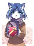  2021 accessory anthro blue_body blue_fur blue_hair blush candy canid canine clothing dessert female food fox fur green_eyes hair hair_accessory hi_res holidays krystal mammal namagakiokami nintendo scarf signature smile solo star_fox valentine&#039;s_day video_games white_body white_fur 