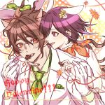  2boys alternate_costume animal_ears bangs bow brown_eyes brown_hair candy chocolate chocolate_heart collared_shirt commentary_request danganronpa_(series) danganronpa_v3:_killing_harmony food food_in_mouth formal gloves gokuhara_gonta green_bow green_neckwear hair_bow hair_ornament hands_up happy_valentine heart highres jacket long_sleeves male_focus messy_hair multiple_boys necktie open_mouth ouma_kokichi purple_hair red_ribbon ribbon round_eyewear sanmian_(chidarakeno) shiny shiny_hair shirt upper_body valentine white_gloves white_jacket yaoi 
