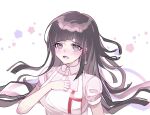  1girl :d apron bandages bangs black_hair blush breasts collared_shirt commentary_request danganronpa_(series) danganronpa_2:_goodbye_despair hand_up highres large_breasts long_hair looking_at_viewer messy_hair mole mole_under_eye open_mouth pink_shirt shirt short_sleeves smile solo striped tears tsumiki_mikan upper_body upper_teeth white_background yomu_(dangan_yomu) 