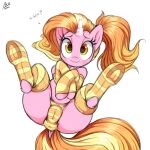  1:1 2021 aer0_zer0 anus_outline camel_toe clothing digital_media_(artwork) english_text equid equine eyebrows eyelashes female friendship_is_magic hasbro hi_res horn legwear looking_at_viewer luster_dawn_(mlp) mammal my_little_pony pattern_clothing pattern_legwear simple_background smile solo striped_clothing striped_legwear stripes text unicorn white_background 