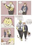  2021 absurd_res anthro bottomwear brown_body brown_fur canid canine canis clothing comic domestic_dog duo english_text eyewear felid fur glasses hand_holding hi_res male male/male mammal musical_instrument necktie overweight overweight_male pantherine pants professor_fluff shirt text tiger topwear white_body white_fur yellow_body yellow_fur 