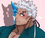  1boy alternate_costume bara blush close-up dark_skin dark_skinned_male face fang green_shirt half_mask happy_valentine horned_mask horns kizami_nori_to_yamaimo male_cleavage male_focus monster_boy muscular muscular_male no_pupils partially_unbuttoned pectorals pointy_ears shirt short_hair shuten_douji_(tokyo_houkago_summoners) single_horn solo tokyo_houkago_summoners valentine white_hair 