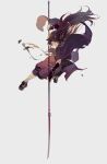  1girl brown_hair character_request geta highres hillly_(maiwetea) long_hair looking_at_viewer negative_space pants pole_vault polearm purple_pants purple_robe simple_background solo spear tagme very_long_hair weapon white_background wide_sleeves yellow_eyes 