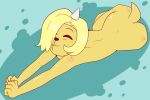  3:2 adventure_time anthro blonde_hair bronwyn butt canid canine canis cartoon_network domestic_dog female fur hair hair_over_eye hi_res humanoid hybrid kamikiller mammal nude one_eye_obstructed rainicorn small_tail solo stretching ursid yellow_body yellow_fur 