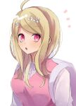  1girl :o ahoge akamatsu_kaede backpack bag bangs blonde_hair blush breasts collared_shirt commentary_request danganronpa_(series) danganronpa_v3:_killing_harmony eighth_note eyebrows_visible_through_hair hair_ornament highres large_breasts long_hair long_sleeves looking_at_viewer mizu_kuki musical_note musical_note_hair_ornament notice_lines open_mouth pink_eyes pink_sweater pink_sweater_vest shirt simple_background solo sweater sweater_vest upper_body upper_teeth white_background white_shirt wing_collar 