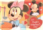  2021 accessory anthro blush clothing disney dress duo english_text female gloves hair_accessory hair_bow hair_ribbon handwear hi_res holidays kitchen_utensils male mammal mickey_mouse minnie_mouse mouse murid murine open_mouth open_smile ribbons rodent signature smile smoke takatmadisney text thought_bubble tools valentine&#039;s_day 