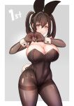  1girl ai_gon_deroga animal_ears bangs bare_shoulders black_eyes black_gloves black_hair black_hairband black_legwear black_leotard blush breasts bunny_ears bunny_tail cleavage closed_mouth commentary_request covered_navel elbow_gloves eyebrows_visible_through_hair fake_animal_ears gloves grey_background hair_between_eyes hairband heart heart_hands large_breasts legs_apart leotard looking_at_viewer mole mole_on_breast original outside_border pantyhose playboy_bunny revision shiny shiny_clothes shiny_skin sidelocks simple_background smile solo standing tail thighband_pantyhose twintails two-tone_background white_background wrist_cuffs 