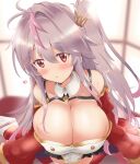  1girl ahoge azur_lane blurry blurry_background blush breasts cleavage commentary_request grenville_(azur_lane) hair_ornament highres jacket large_breasts long_hair looking_at_viewer purple_hair red_eyes solo tonchinkan window 