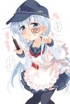  1girl absurdres anchor_symbol apron black_headwear black_legwear black_sailor_collar blue_eyes chocolate commentary_request cowboy_shot flat_cap frilled_apron frills hat hibiki_(kancolle) highres hizuki_yayoi kantai_collection knees_together long_hair looking_at_viewer neckerchief pink_apron pleated_skirt red_neckwear sailor_collar school_uniform serafuku silver_hair simple_background skirt solo standing syringe thighhighs translation_request white_background 
