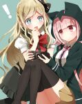  ! 2girls bangs black_dress black_jacket black_legwear black_shirt blonde_hair blue_eyes blush bow braid brown_skirt collared_shirt commentary_request danganronpa_(series) danganronpa_2:_goodbye_despair dress dress_shirt eyebrows_visible_through_hair feet_out_of_frame flipped_hair french_braid grey_background hair_bow handheld_game_console hood hoodie jacket long_hair multiple_girls nanami_chiaki open_clothes open_jacket open_mouth pink_eyes pink_hair pink_ribbon playing_games pleated_skirt puffy_short_sleeves puffy_sleeves red_bow ribbon shine5s shirt short_hair short_sleeves skirt smile sonia_nevermind star-shaped_pupils star_(symbol) symbol-shaped_pupils thighhighs upper_teeth white_shirt 