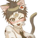  1boy animal_ears annoyed bangs blush brown_hair cake_print cat_boy cat_ears cat_tail collared_shirt commentary_request danganronpa_(series) danganronpa_2:_goodbye_despair extra_ears fang heart hinata_hajime kemonomimi_mode male_focus necktie one_eye_closed open_mouth shirt short_hair simple_background solo tail translation_request white_background white_shirt yomu_(dangan_yomu) 