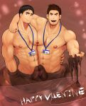  2boys :d abs arm_around_shoulder bara black_hair brown_hair chocolate_on_body completely_nude couple english_text erection food_on_body happy_valentine head_tilt heart highres large_pectorals male_focus multiple_boys multiple_penises muscular muscular_male navel navel_hair nipple-to-nipple nipples nude open_mouth original pectoral_docking pectoral_press penis penises_touching short_hair smile stomach valentine yaoi yuki_goroku 