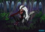  angry anthro anthrofied blue_eyes clothing crouching female forest freyja_cromwell grass hi_res kneeling legendary_pok&eacute;mon nintendo plant pok&eacute;mon pok&eacute;mon_(species) shaded shrub solo tree veldazik video_games yveltal 