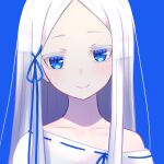  1girl absurdres bare_shoulders blue_background blue_eyes blue_ribbon camui1104 closed_mouth collarbone colored_eyelashes facing_viewer highres long_hair looking_at_viewer off_shoulder pandora_(re:zero) portrait re:zero_kara_hajimeru_isekai_seikatsu revision ribbon ribbon-trimmed_clothes ribbon_trim silver_hair simple_background smile solo white_eyelashes 