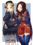  2girls abigail_williams_(fate) blonde_hair blue_background blue_eyes blue_gloves blue_legwear bow brown_hair cape commentary_request dress elbow_gloves fate/grand_order fate_(series) gloves hair_bow hat highres leonardo_da_vinci_(fate) mori_yashiro_(konkon_oyashiro) multicolored_hair multiple_girls one_eye_closed open_mouth puff_and_slash_sleeves puffy_sleeves red_dress star_(symbol) stuffed_animal stuffed_toy teddy_bear thighhighs two-tone_hair white_background 