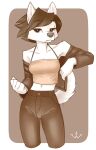  2019 anthro biped black_hair black_nose canid canine canis clothed clothing domestic_dog female fur hair hi_res jacket korean_jindo landlord_(wick) looking_at_viewer mammal midriff monochrome portrait shirt solo spitz standing tank_top topwear white_body white_fur wick_(artist) 
