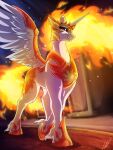 3:4 absurd_res amber_eyes armor better_version_at_source black_sclera cutie_mark daybreaker_(mlp) equid equine fangs feathered_wings feathers female fetlocks fire flaming_hair flaming_mane flaming_tail friendship_is_magic fur hasbro headgear helmet hi_res hooves horn looking_at_viewer low-angle_view lupiarts mammal my_little_pony portrait pseudo_hair pseudo_mane signature smile solo unguligrade_legs walking white_body white_feathers white_fur white_wings wing_armor winged_unicorn wings 