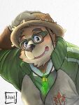  2021 3:4 anthro blush brown_body brown_fur clothing eyewear fur glasses hat headgear headwear humanoid_hands kemono lhjal2 male mammal shirt simple_background solo straw_hat tokyo_afterschool_summoners topwear ursid video_games volos white_background 