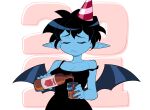  1girl 2021 bangs bare_shoulders bat_wings black_hair blue_skin bottle breasts closed_eyes closed_mouth collarbone colored_skin commentary cup drinking_glass english_commentary glass hat highres holding holding_bottle holding_cup medium_breasts original party_hat pointy_ears sad short_hair solo suoiresnu upper_body wings 