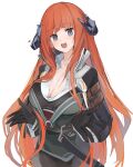  1girl :d arknights bagpipe_(arknights) bangs black_gloves blush breasts cleavage collarbone eyebrows_visible_through_hair fang gloves highres horns large_breasts long_hair long_sleeves looking_at_viewer mikojin open_mouth orange_hair purple_eyes shirt simple_background smile solo white_background 