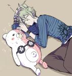  1boy amami_rantarou artist_name bangs black_bra black_pants blue_shirt blush_stickers bra bracelet closed_eyes commentary_request danganronpa_(series) danganronpa_v3:_killing_harmony green_hair hair_between_eyes hand_in_hair jewelry long_sleeves lovi_(momoko37) lying male_focus messy_hair monofunny on_side pants shirt sleeping striped striped_shirt translation_request underwear 