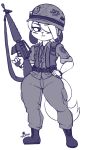  absurd_res anthro armor blue_and_white blush boots bullet canid canine canis clothed clothing domestic_dog footwear girly gun headgear helmet hi_res male mammal military_uniform monochrome niko_(pkfirefawx) one_eye_obstructed pkfirefawx ranged_weapon rosary sketch smile solo standing thick_thighs uniform weapon 