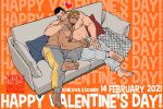  2boys abs arm_hair bara black_hair blonde_hair blush couch couple facial_hair grey_pants happy_valentine highres ichikawa_kazuhide interracial large_pectorals male_focus mature_male multiple_boys muscular muscular_male navel nipples on_couch original pants shirtless short_hair smile stomach stubble valentine yaoi 
