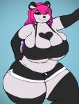  2021 anthro areola big_breasts black_body black_fur blue_background border bottomwear breasts cleavage clothed clothing crop_top deep_navel female front_view fur giant_panda hair hi_res huge_breasts huge_thighs long_hair looking_at_viewer mammal mei_ambers multicolored_body multicolored_fur navel nipple_outline overweight overweight_anthro overweight_female purple_border purple_eyes purple_hair shakotanbunny shirt shorts simple_background solo thick_thighs topwear two_tone_body two_tone_fur under_boob ursid white_body white_fur wide_hips 