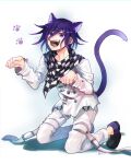  1boy :d animal_ears bangs black_footwear cat_boy cat_ears cat_tail checkered checkered_scarf commentary_request danganronpa_(series) danganronpa_v3:_killing_harmony double-breasted fangs full_body hair_between_eyes highres jacket kemonomimi_mode kitsunebi_v3kokonn kneeling long_neck long_sleeves looking_at_viewer male_focus open_mouth ouma_kokichi pants paw_pose paw_print_background purple_eyes purple_hair scarf smile solo straitjacket tail white_background white_jacket white_pants 