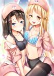  2girls animal_print arm_support asymmetrical_bangs asymmetrical_docking bang_dream! bangs bear_print black_bra black_legwear blonde_hair blue_bra blue_eyes blurry blurry_background blush bow bow_bra bra breast_press breasts brown_hair cleavage closed_mouth clothes_removed commentary_request dress eyebrows_visible_through_hair frown hair_ornament hairclip hat highres lace lace-trimmed_bra medium_breasts multiple_girls navel nurse nurse_cap off_shoulder okusawa_misaki open_clothes open_dress open_mouth panties panties_under_pantyhose pantyhose petals pink_dress pink_hat pink_panties print_hat short_sleeves skindentation small_breasts smile sports_bra straddling thighband_pantyhose tsurumaki_kokoro tukiyofree underwear yellow_eyes 