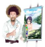  afro art_brush beard bob_ross breasts canvas_(object) chinchickrin easel facial_hair male_focus medium_breasts paintbrush painting palette parody real_life real_life_insert solo the_joy_of_painting 