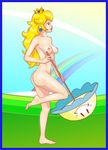  barefoot blonde_hair breasts crown earrings feet jewelry long_hair nintendo nipples nude outdoors peach perry princess_peach sky solo super_mario_bros. super_princess_peach umbrella 